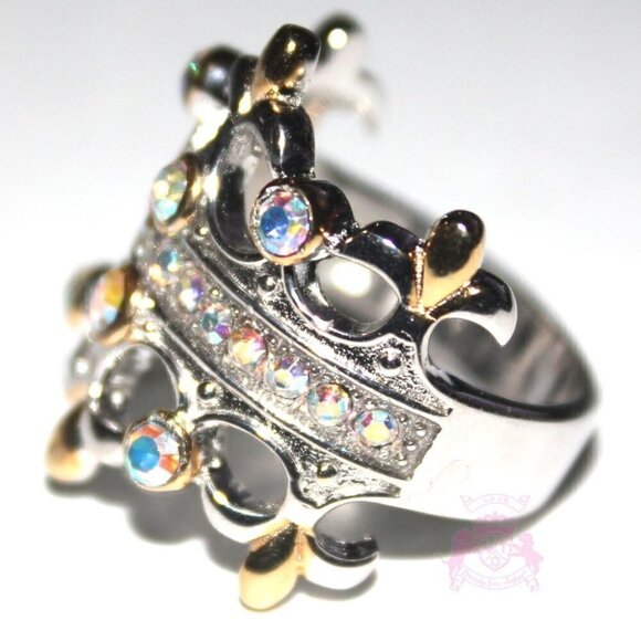 925 Sterling Silver Double Blessing Crown Princess Aurora Borealis Cz Ring Sz 6 - Picture 7 of 16